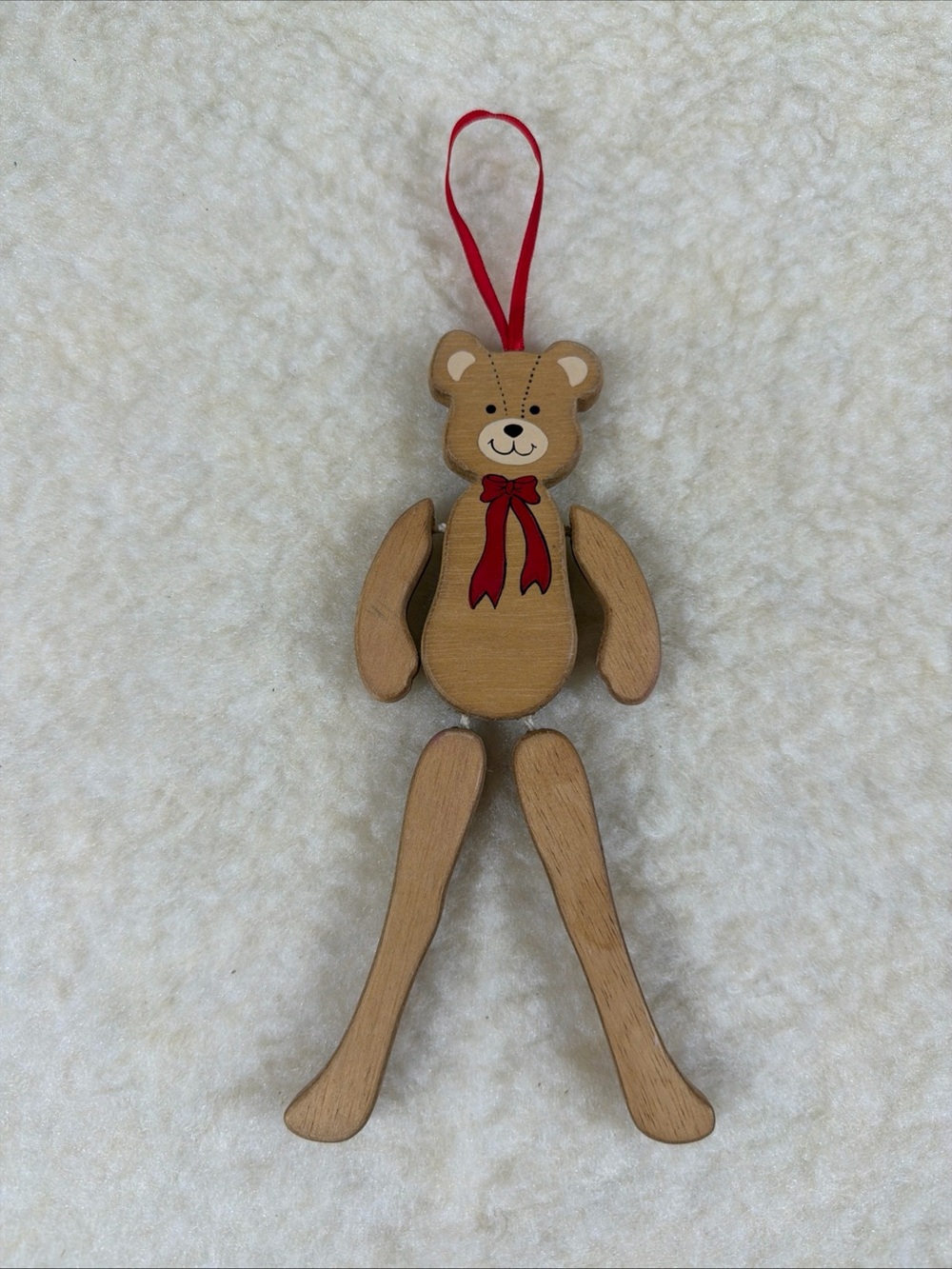 Vintage Wooden Teddy Doll Hanging Ornament with Red Ribbon